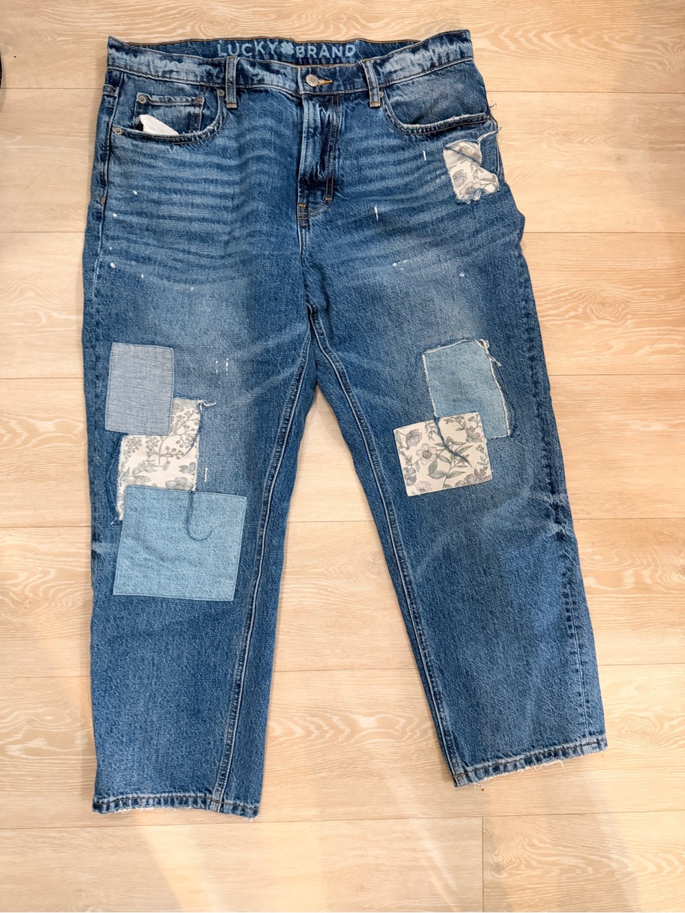 Lucky Brand Women's Blue Denim Boyfriend Jeans with Patchwork